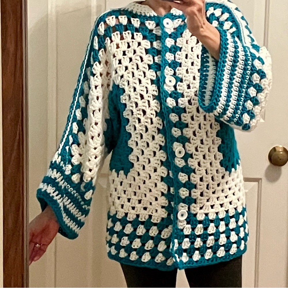 Handmade Crochet Cardigan Sweater with Buttons ,Teal and White, Medium, NEW